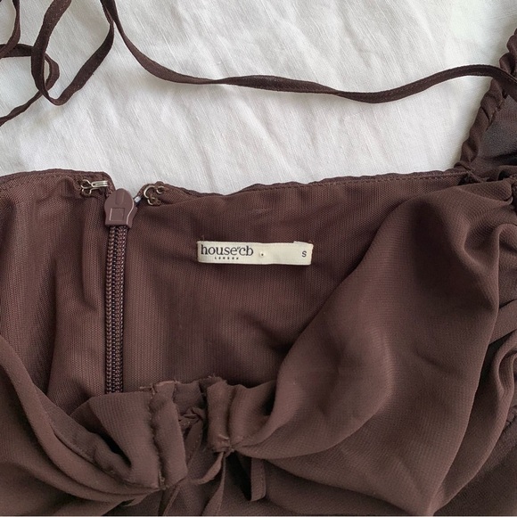 House of CB Baby Chocolate Brown Chiffon Cutout Halter Long Sleeve Mini Dress - Picture 7 of 12